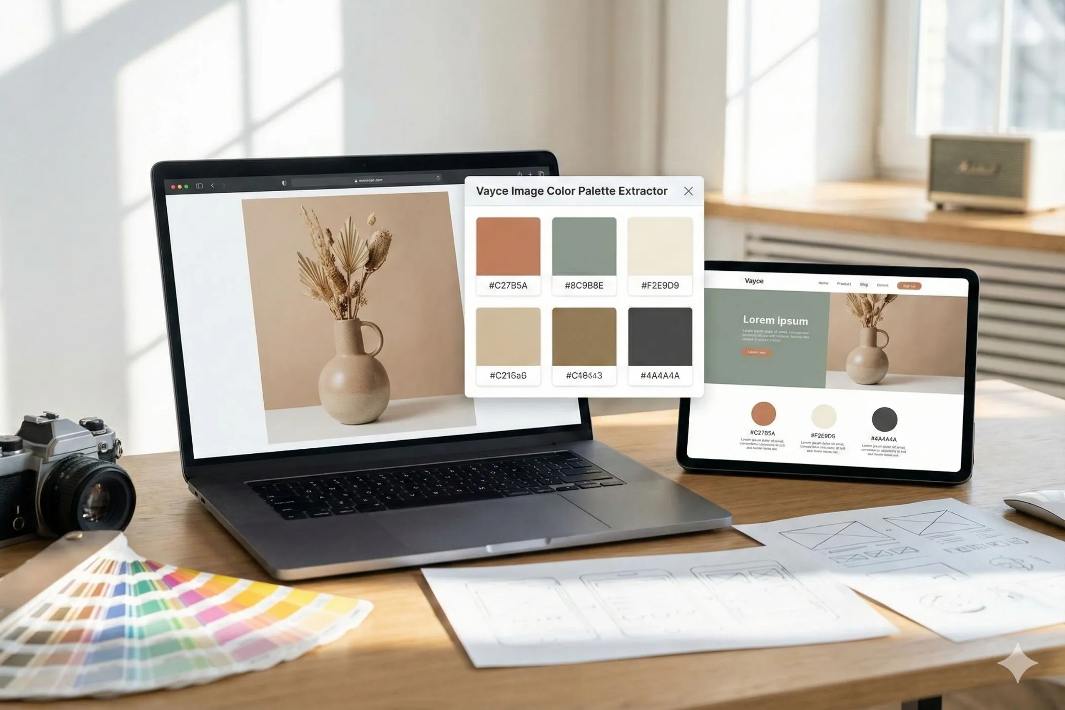 A workspace featuring a laptop and tablet. The laptop screen shows a photograph of a beige ceramic vase. The interface displays six extracted color. A physical color fan deck and website wireframes are spread across the wooden desk in soft, natural sunlight.