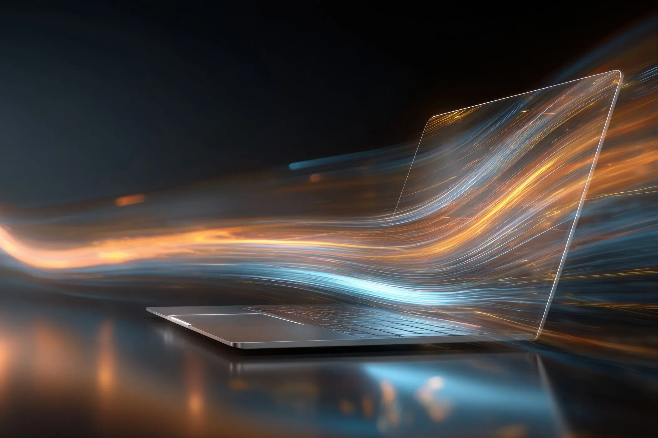A laptop on a dark background with glowing data streams flowing through it, symbolizing web requests and responses.