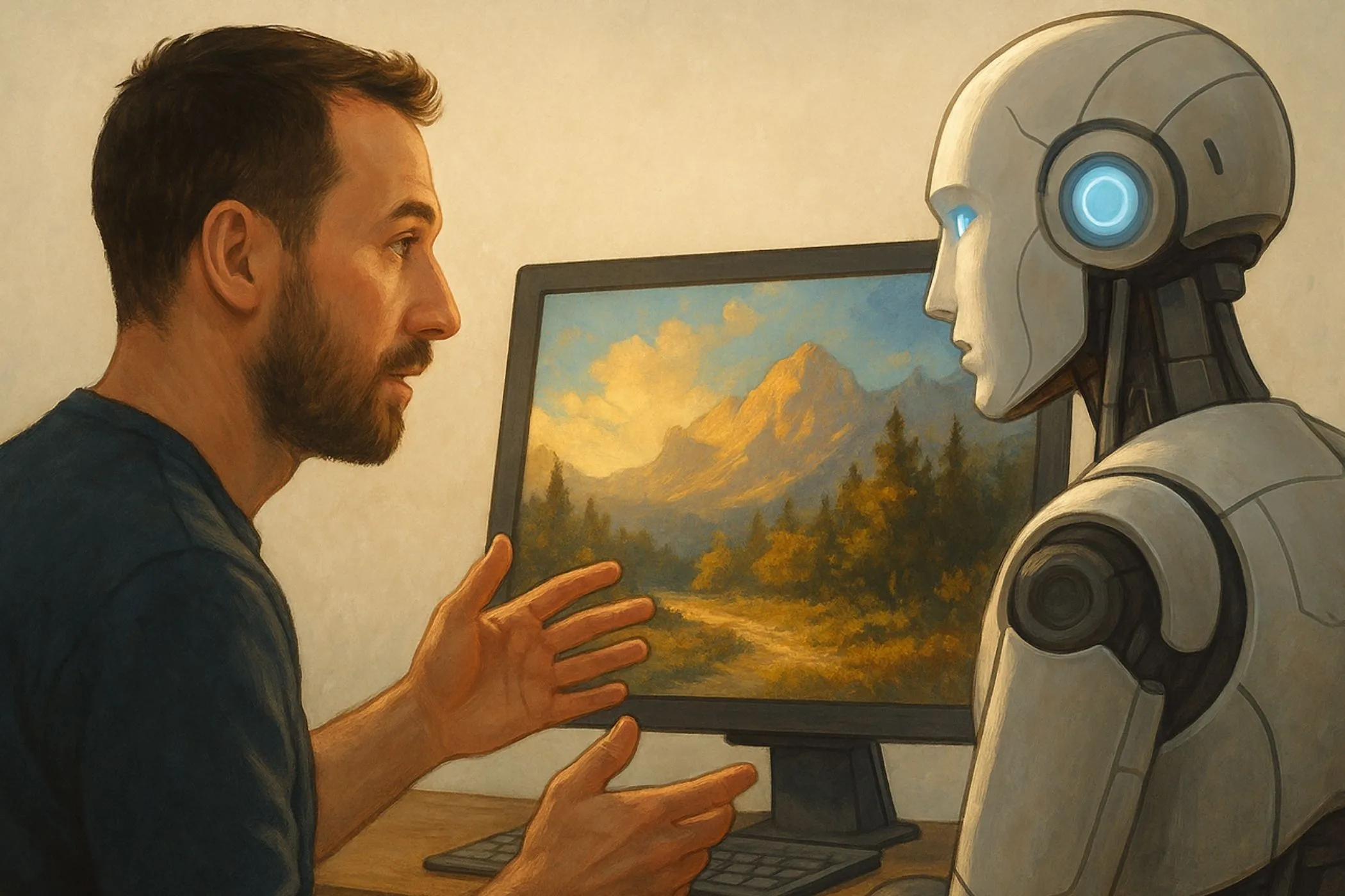 A human describing an image while an AI model paints it on a digital canvas.