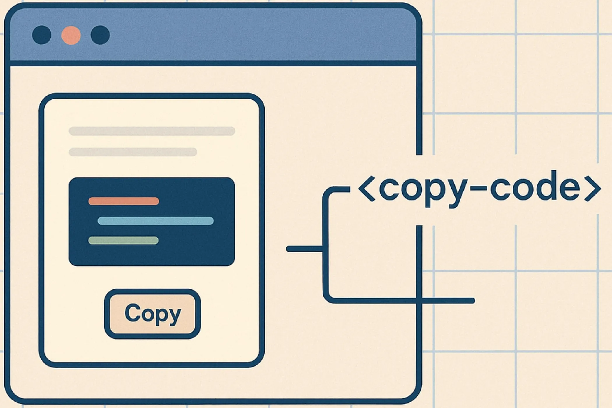 Illustration of a browser window displaying a custom <copy-code> component, shown alongside a simplified HTML structure to represent how web components work.